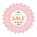 Big spring sale background, 50% off, gentle cute pink flowers wreath